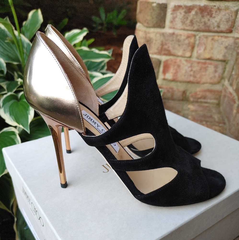 Jimmy Choo Tarine WITH BOX Suede Cutout Bootie Sandal, Black/Mirrored Nude 38.5 - Picture 2 of 16